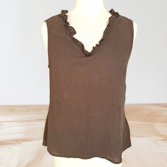 Vintage Fresh Produce Ruffle V Neck Tank Top Sz L Womens Crepe Gauze Beach Boho - Picture 1 of 5